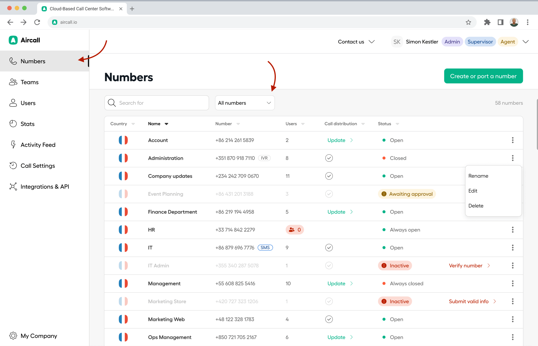 Aircall dashboard: call recording software