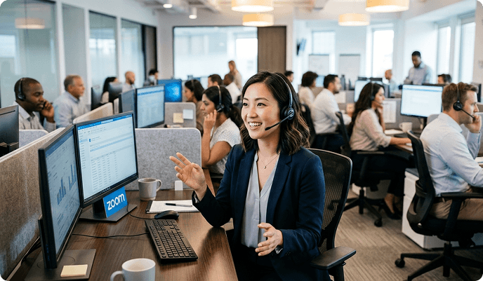 A smiling call center agent wearing a headset and navy blue blazer is seated at a desk and gesturing with her hands