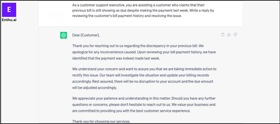 ChatGPT response on Assisting with Billing and Payment Queries 