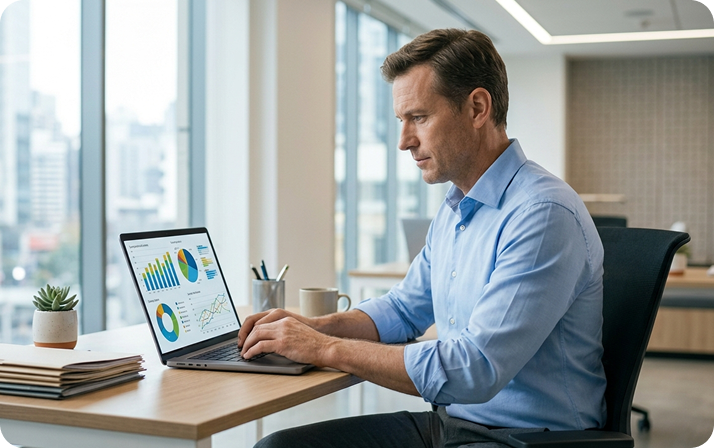 A businessman works at his desk on a laptop with charts and graphs for a CSE analysis report displayed, with a city view in the background
