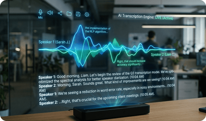 A sleek, holographic AI transcription interface projecting a vibrant blue and green waveform with real-time scrolling text in a modern, blurred office setting.