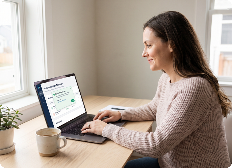A woman smiling while using a laptop that displays a "Payment Reminder Sent" notification on a wooden desk