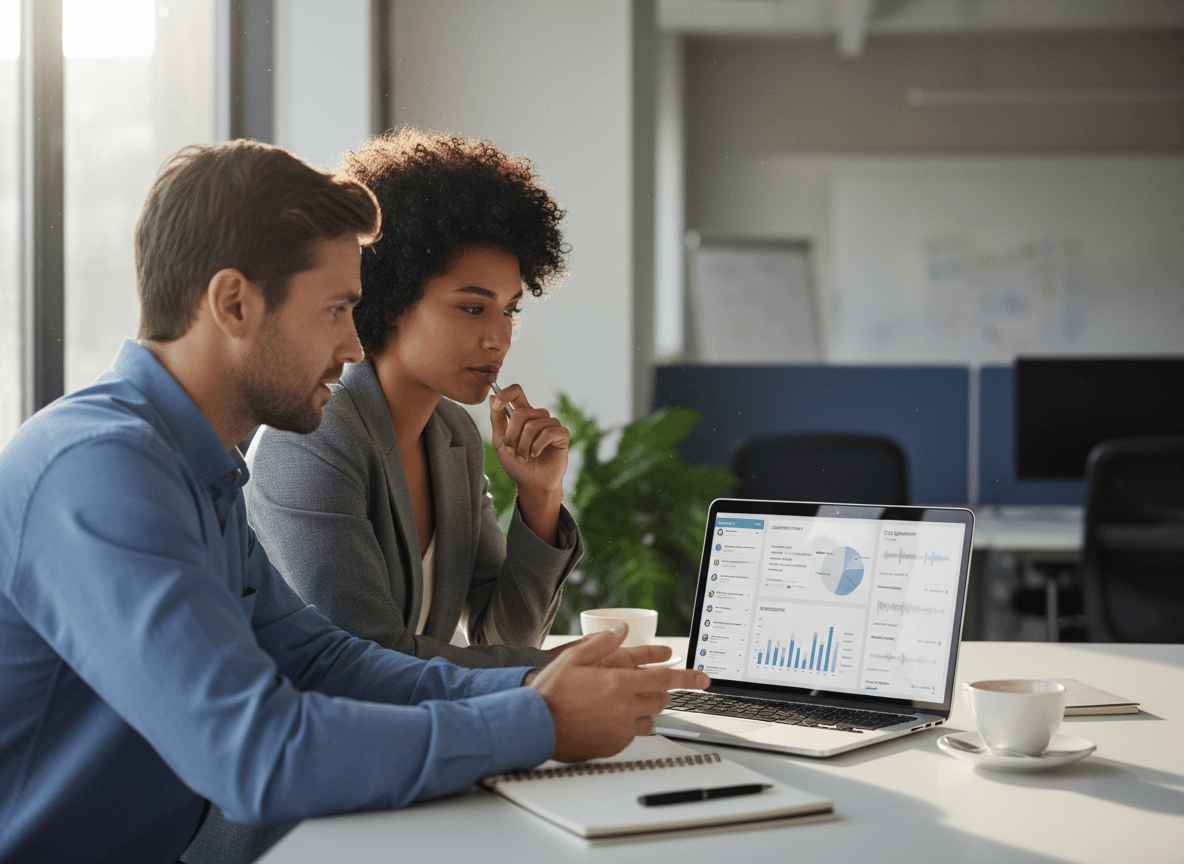 Two professionals review conversation intelligence data on a laptop dashboard